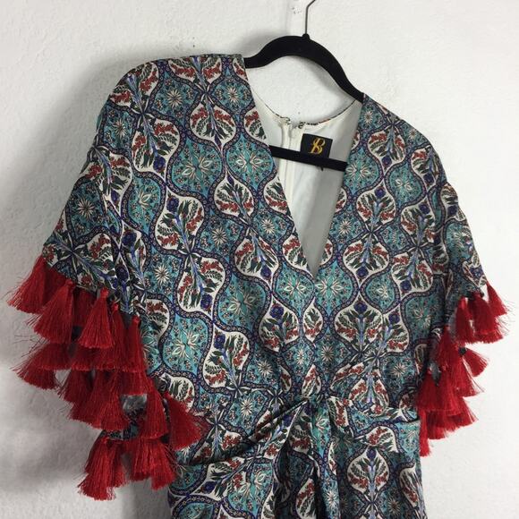 Anthropologie Sachin + Babi Maxi Dress Size 2 Tasseled Red Blue Abstract Satin - Picture 7 of 16